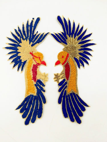 Hand Embroidered Bird Applique With Yellow, Blue and Red Embroidery With Antique Gold Zardozi Work, Bird Applique